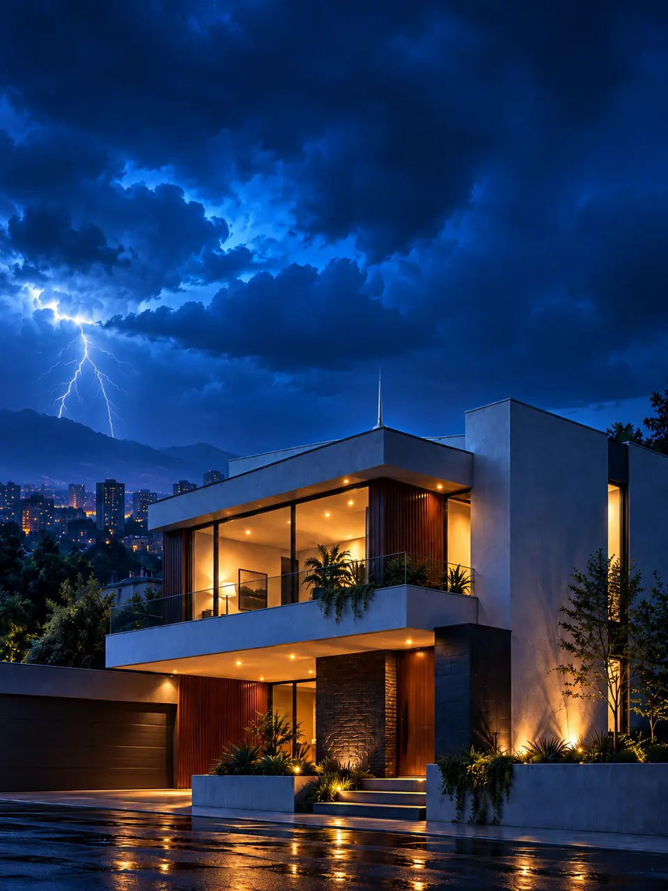 Casa residencial moderna con pararrayos en el techo bajo un cielo de tormenta